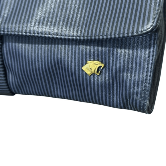 Bagheera Vintage Navy Blue Striped Leather Clutch Snap Closure - Made in Italy - Picture 2 of 12